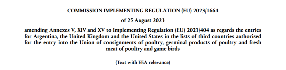欧盟发布（EU）2023/1664 法规，允许阿根廷恢复禽产品输欧